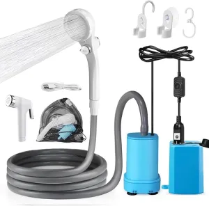 AUTOPkio Portable Shower for Camping, 2-in-1 Camp Shower Pump with Rechargeable Battery, Portable Outdoor Shower for Beach Hiking Outdoor, Pet Cleaning