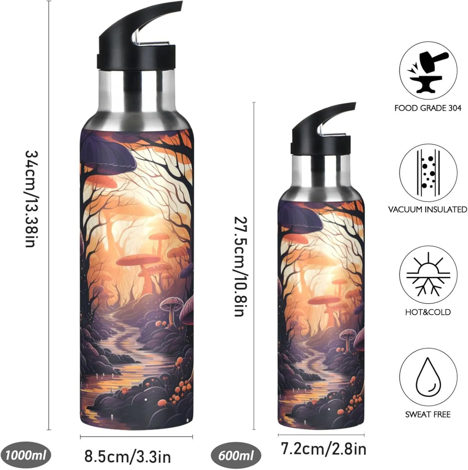 Autumn Forest Art Sport Water Bottle Insulated Stainless Steel Large Vacuum Flask Leak Proof Thermos with Straw for Travel(600ml/1000ml)