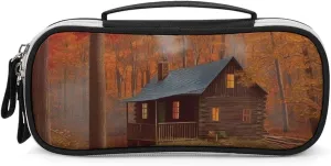 Autumn Woods Cabin Leather Makeup Bag Portable Small Cosmetic Organizer Waterproof Toiletry Bags Brushes Pencils And Travel Make Up Accessories