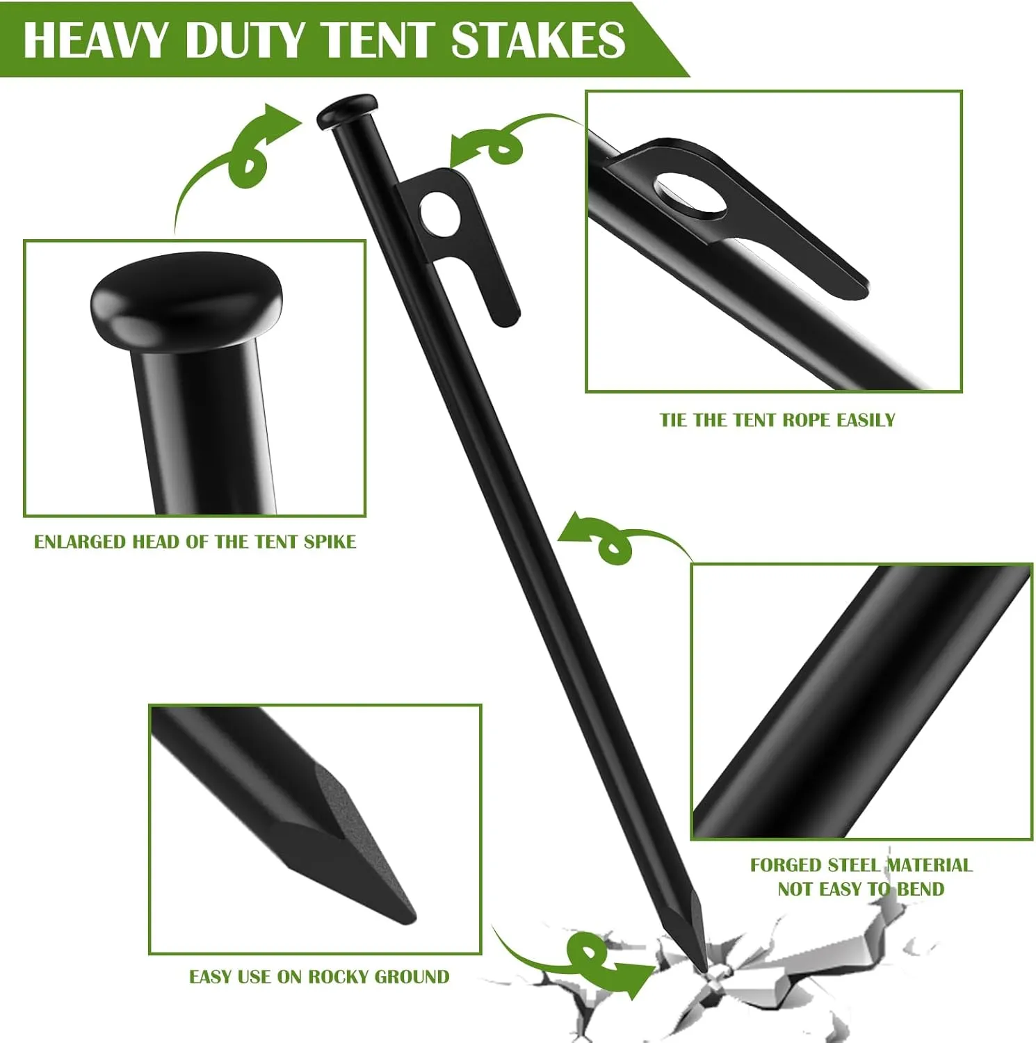 AYAMAYA 16 PCS Tent Stakes, 10 in Heavy Duty Forged Steel Ground Stakes, Outdoor Metal Camping Tent Pegs, Thickened Tent Spikes with Storage Bag for Canopy Tarp Rainfly Camping Tent Accessories