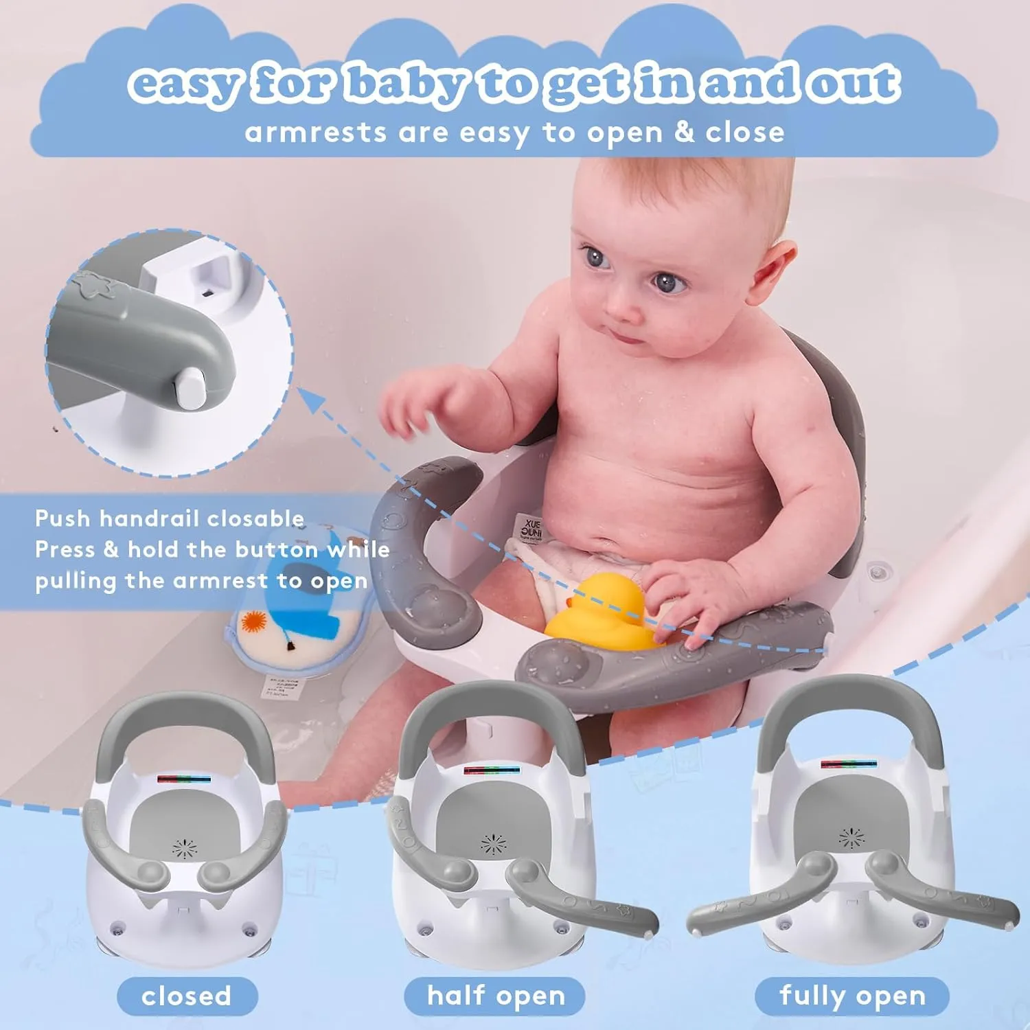 Baby Bath Seat for Babies 6 Months & Up Sitting Up with Temperature Alert Soft Cushion Suction Cup,Infant Bath Seat for Baby Bath Chair Toddler Bath seat for Bathtub Tub Shower Grey