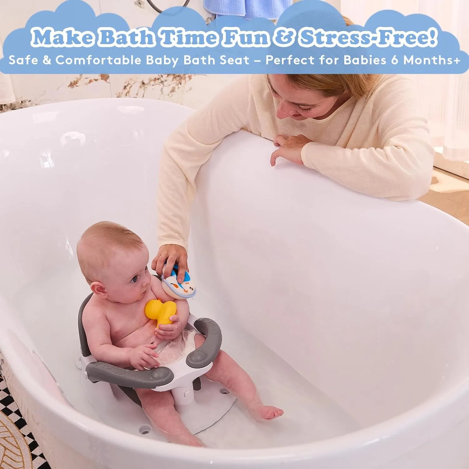 Baby Bath Seat for Babies 6 Months & Up Sitting Up with Temperature Alert Soft Cushion Suction Cup,Infant Bath Seat for Baby Bath Chair Toddler Bath seat for Bathtub Tub Shower Grey