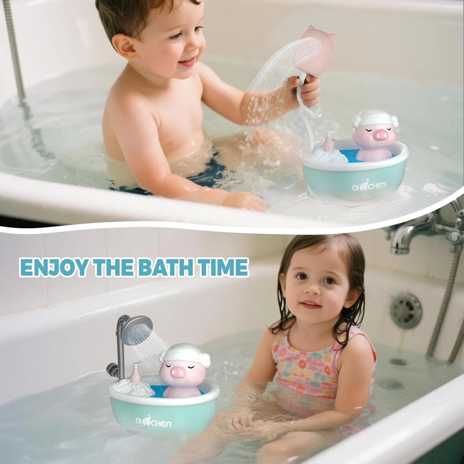 Baby Bath Shower Head - Pig Tub Baby Bath Toys for Kids Ages 1-3 Essentials- Water Pump Toy with Pig Spray Head and Faucet Sprayer, for Bathtub, Sink, Water Table (Blue)