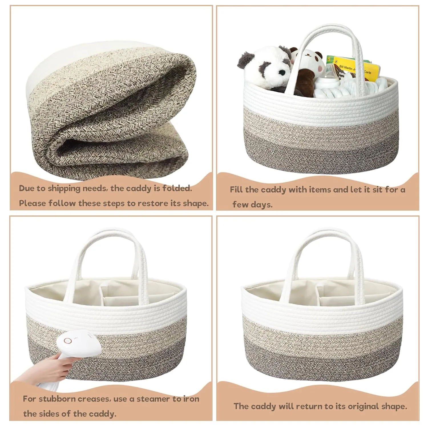 Baby Diaper Caddy Organizer, Extra Large Cotton Rope Nursery Diaper Basket, Changing Table Organizer, Portable Tote Bag with Divider, Car Storage, Baby Shower Gifts for Newborn Girls - Gradient Brown