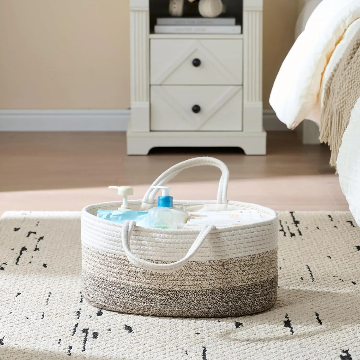 Baby Diaper Caddy Organizer, Extra Large Cotton Rope Nursery Diaper Basket, Changing Table Organizer, Portable Tote Bag with Divider, Car Storage, Baby Shower Gifts for Newborn Girls - Gradient Brown
