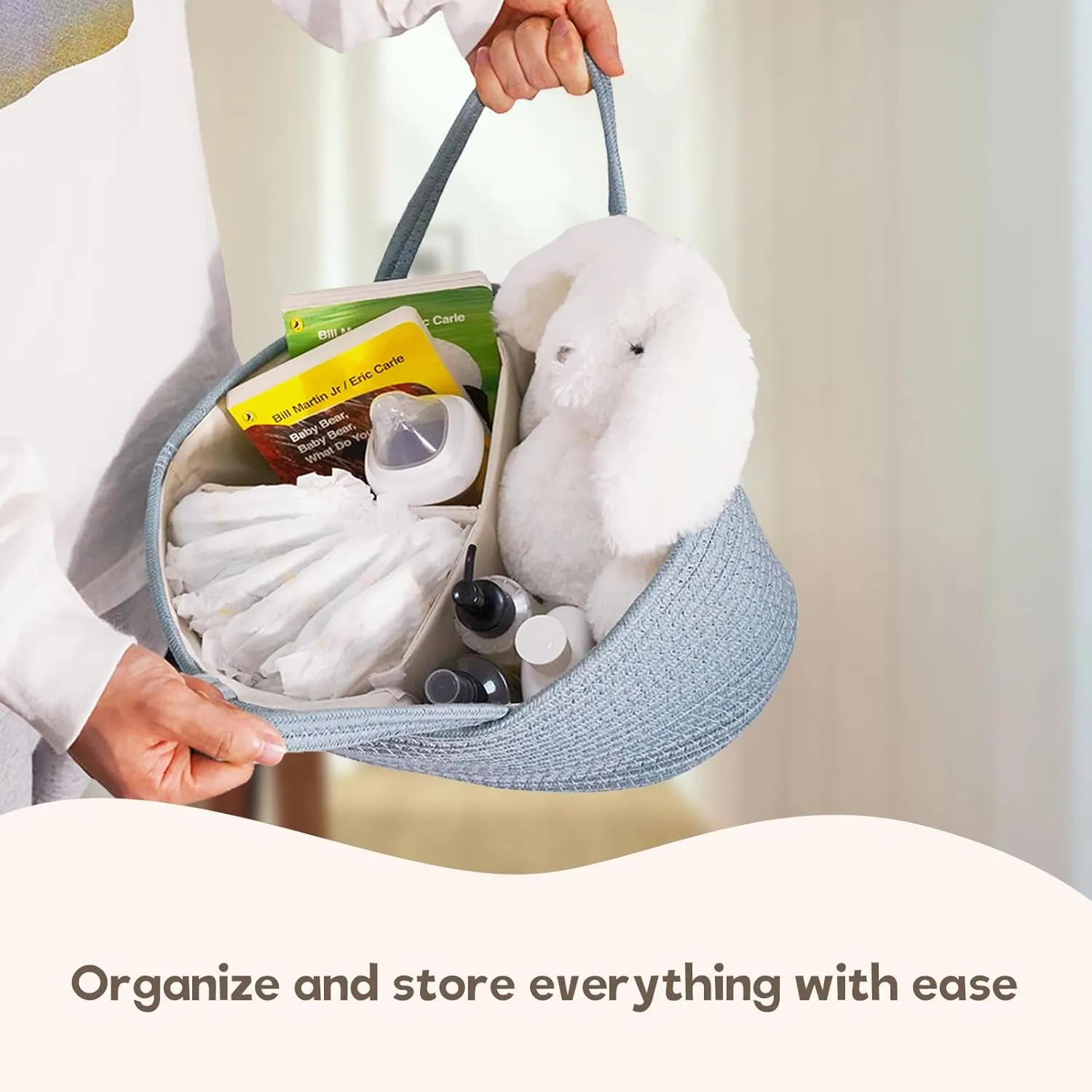 Baby Diaper Caddy Organizer, Extra Large Cotton Rope Nursery Diaper Basket, Changing Table Organizer, Portable Tote Bag with Divider, Car Storage, Baby Shower Gifts for Newborn Girls - Lake Blue