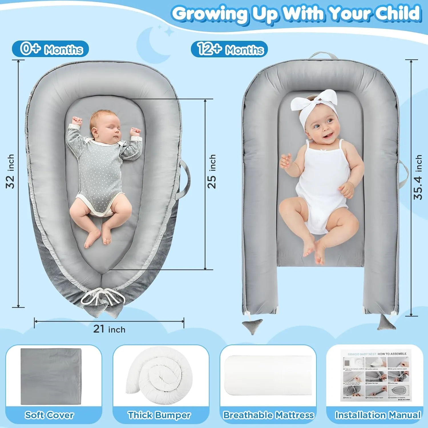 Baby Lounger - Baby Lounger for Newborn 0-24 Months, Breathable & Soft Cotton and Velvet Cover Baby Nest, Portable Cozy Infant Lounger for Home and Travel, Ideal Baby Essentials & Shower Gifts