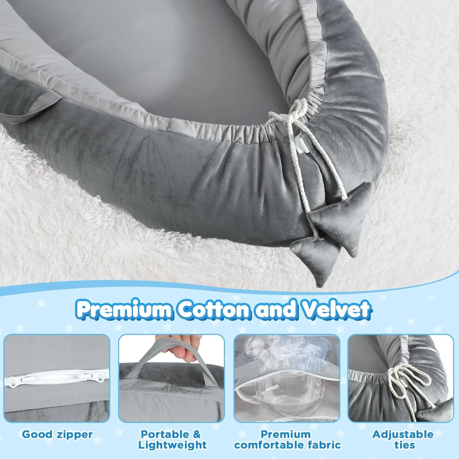Baby Lounger - Baby Lounger for Newborn 0-24 Months, Breathable & Soft Cotton and Velvet Cover Baby Nest, Portable Cozy Infant Lounger for Home and Travel, Ideal Baby Essentials & Shower Gifts