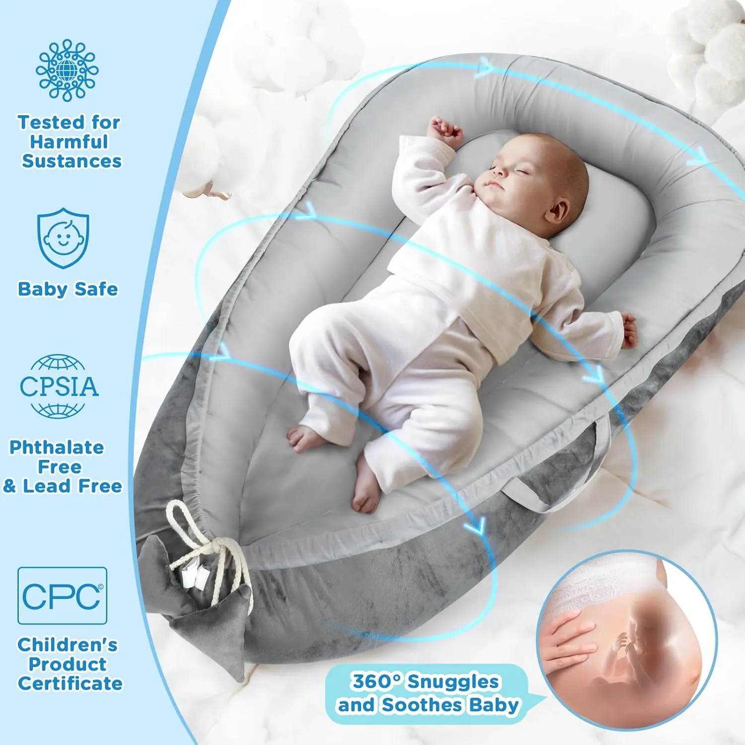 Baby Lounger - Baby Lounger for Newborn 0-24 Months, Breathable & Soft Cotton and Velvet Cover Baby Nest, Portable Cozy Infant Lounger for Home and Travel, Ideal Baby Essentials & Shower Gifts