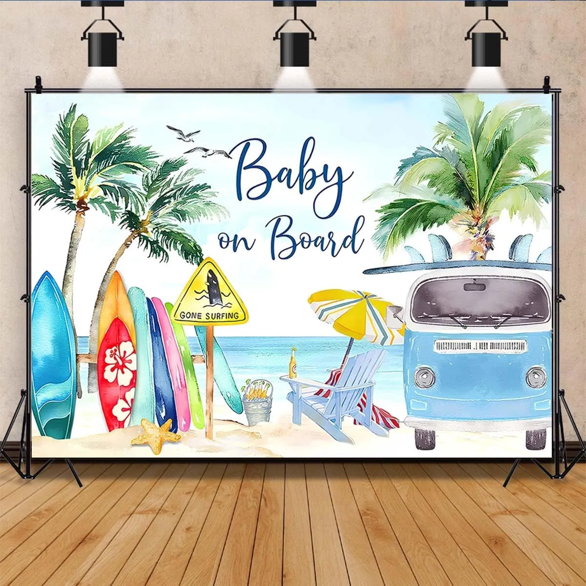 Baby on Board Backdrop Tropical Summer Beach Baby Shower Background Surfboard Van Palm Tree Holiday Seaside Photography Background Surfing Boy Baby Shower Party Cake Table Banner (C, 6X4FT)