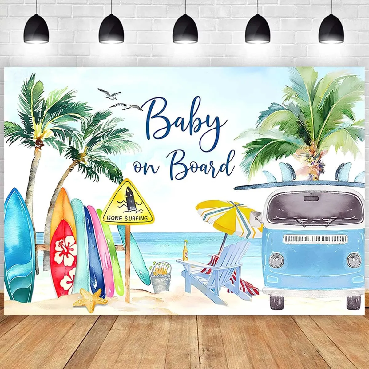 Baby on Board Backdrop Tropical Summer Beach Baby Shower Background Surfboard Van Palm Tree Holiday Seaside Photography Background Surfing Boy Baby Shower Party Cake Table Banner (C, 6X4FT)
