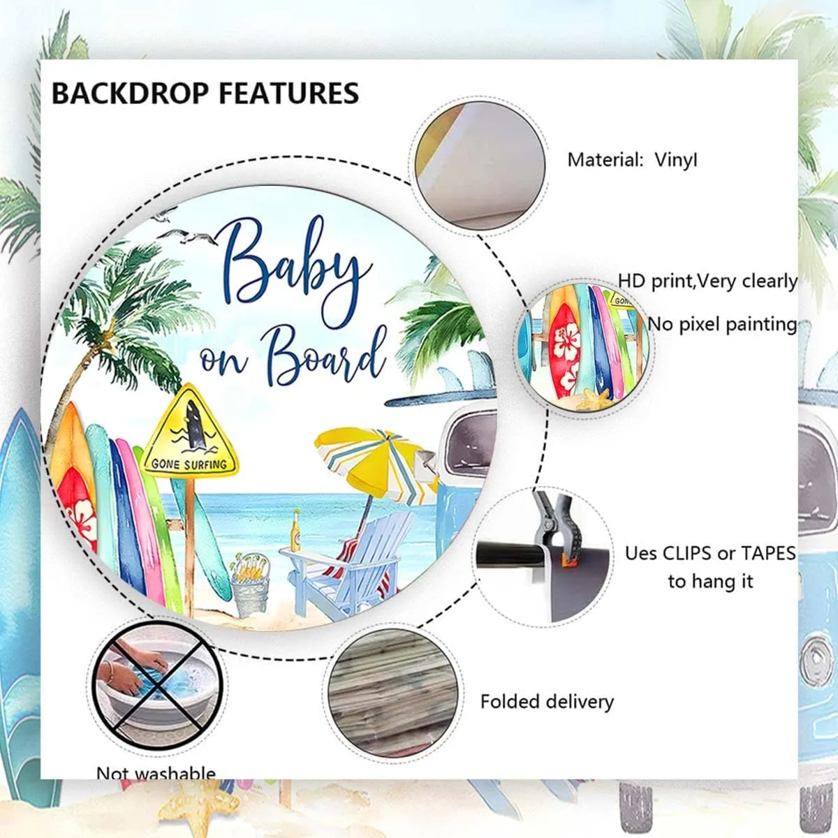 Baby on Board Backdrop Tropical Summer Beach Baby Shower Background Surfboard Van Palm Tree Holiday Seaside Photography Background Surfing Boy Baby Shower Party Cake Table Banner (C, 6X4FT)