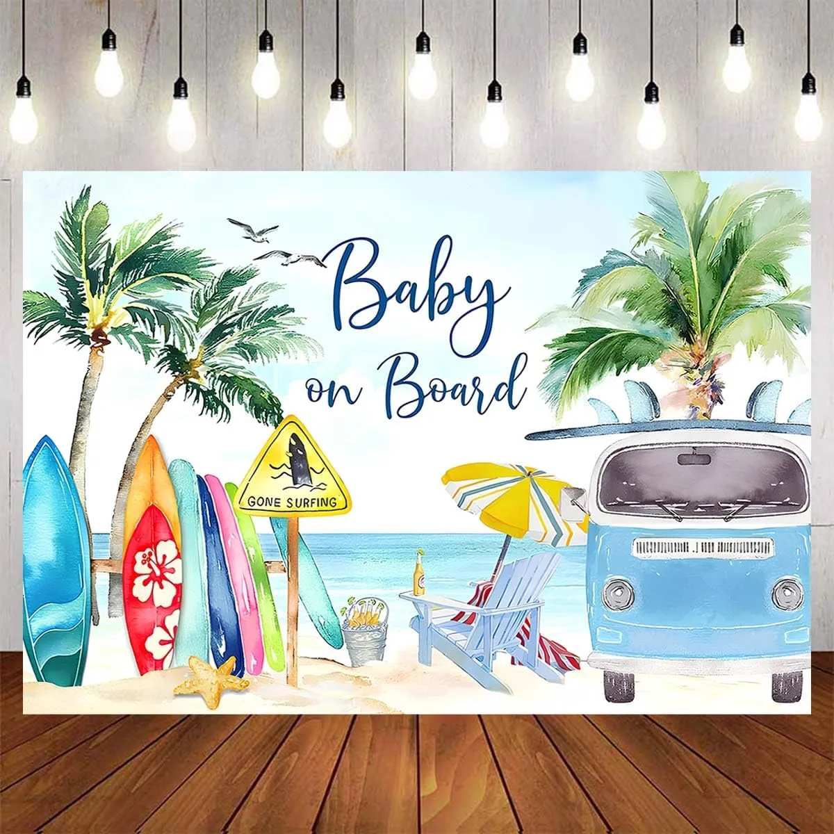 Baby on Board Backdrop Tropical Summer Beach Baby Shower Background Surfboard Van Palm Tree Holiday Seaside Photography Background Surfing Boy Baby Shower Party Cake Table Banner (C, 6X4FT)