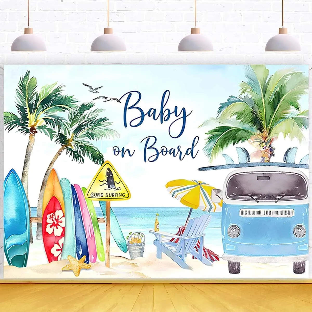 Baby on Board Backdrop Tropical Summer Beach Baby Shower Background Surfboard Van Palm Tree Holiday Seaside Photography Background Surfing Boy Baby Shower Party Cake Table Banner (C, 6X4FT)