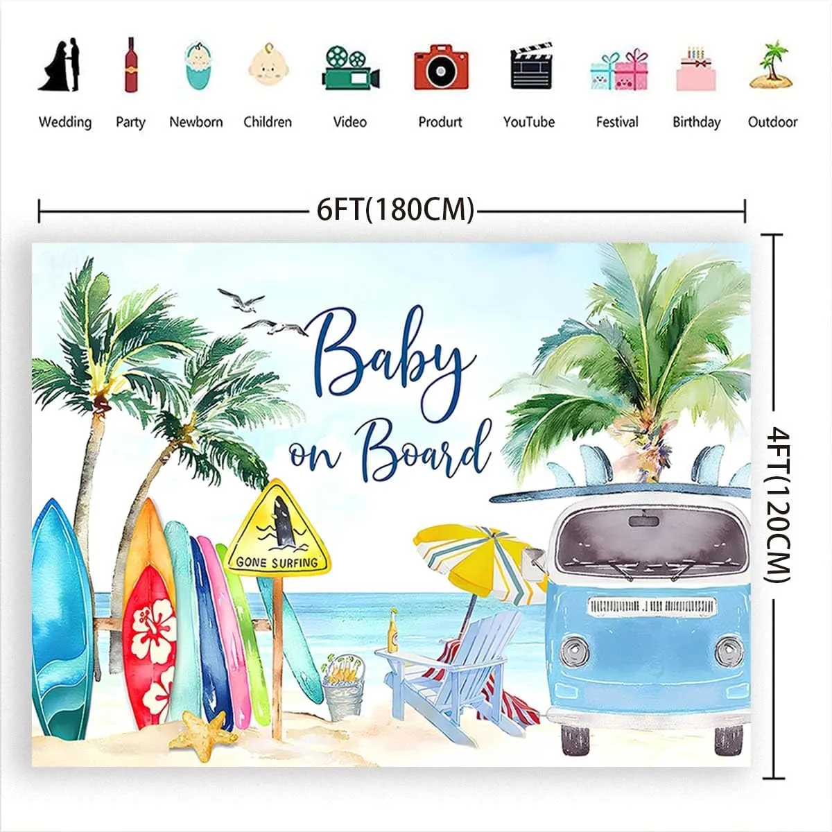 Baby on Board Backdrop Tropical Summer Beach Baby Shower Background Surfboard Van Palm Tree Holiday Seaside Photography Background Surfing Boy Baby Shower Party Cake Table Banner (C, 6X4FT)