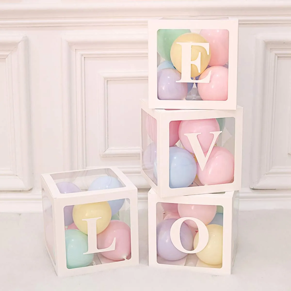 Baby Shower Decoration Balloon Boxes – 4Pcs DIY White Transparent Boxes with 30 Letters BABY   A-Z for Boys Girls Baby Shower,Diy Name Combination,Gender Reveal Backdrop Birthday Party Supplies