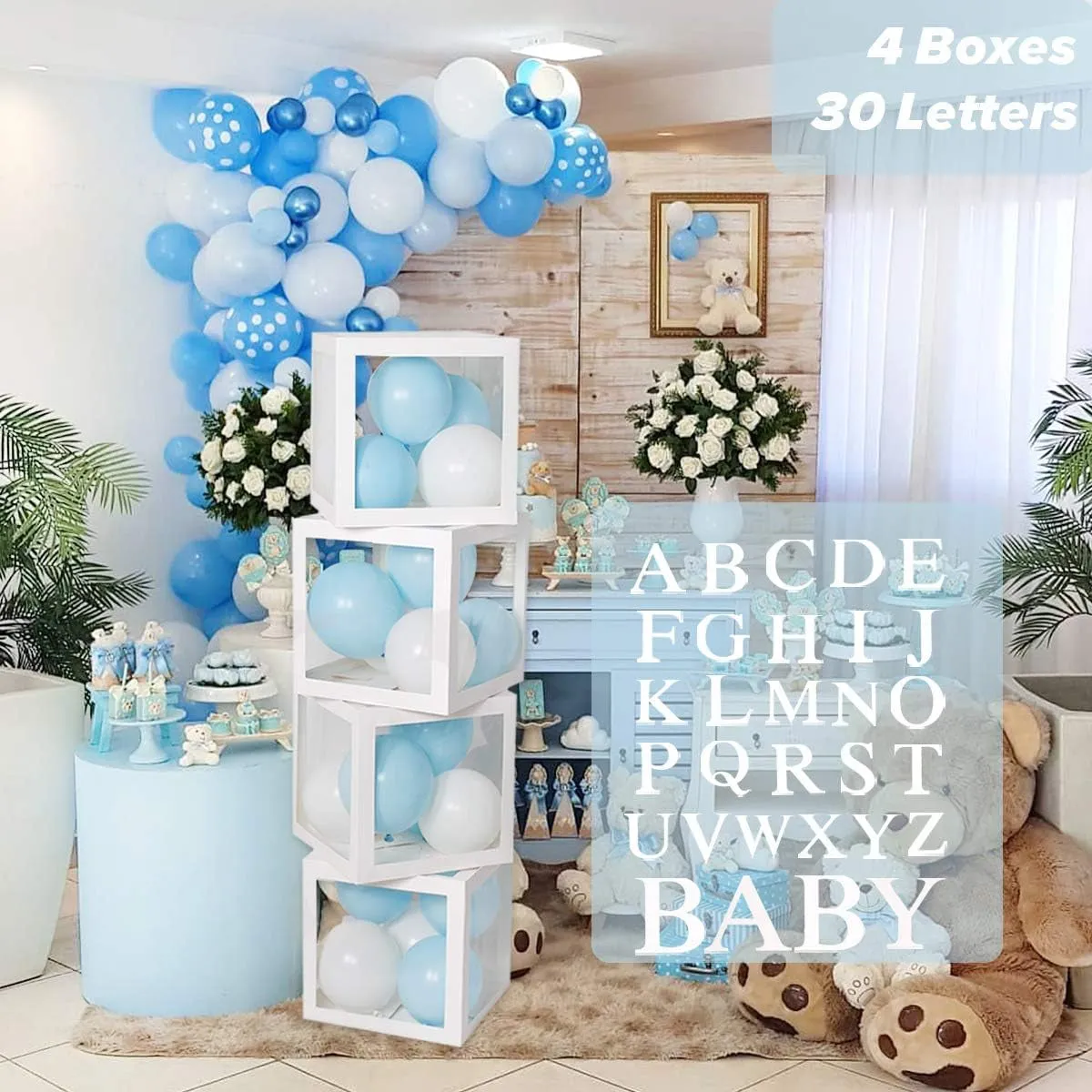 Baby Shower Decoration Balloon Boxes – 4Pcs DIY White Transparent Boxes with 30 Letters BABY   A-Z for Boys Girls Baby Shower,Diy Name Combination,Gender Reveal Backdrop Birthday Party Supplies