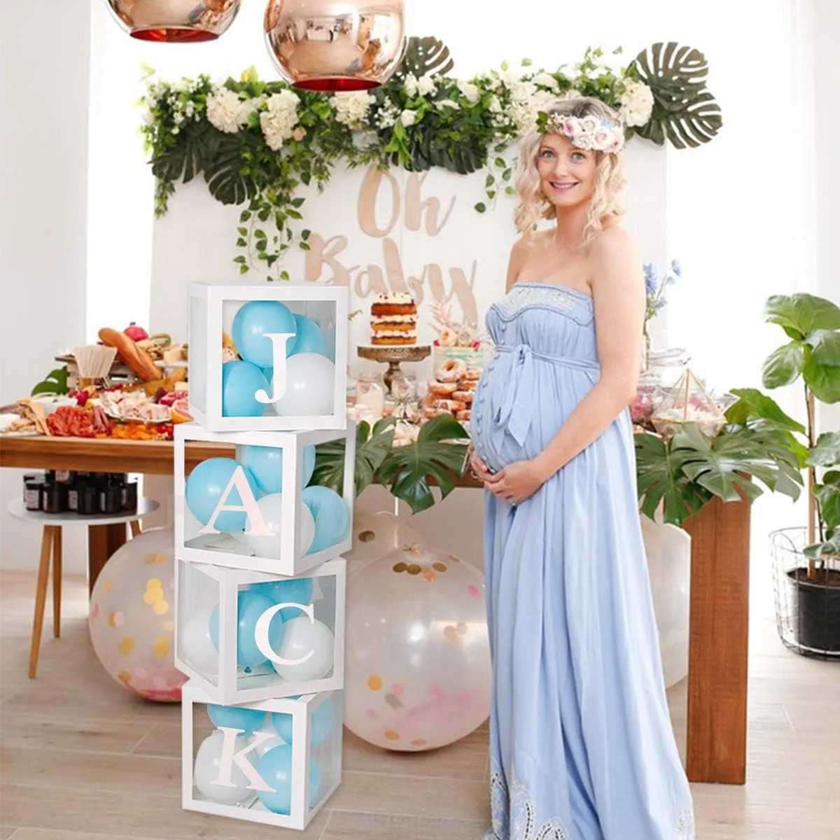 Baby Shower Decoration Balloon Boxes – 4Pcs DIY White Transparent Boxes with 30 Letters BABY   A-Z for Boys Girls Baby Shower,Diy Name Combination,Gender Reveal Backdrop Birthday Party Supplies