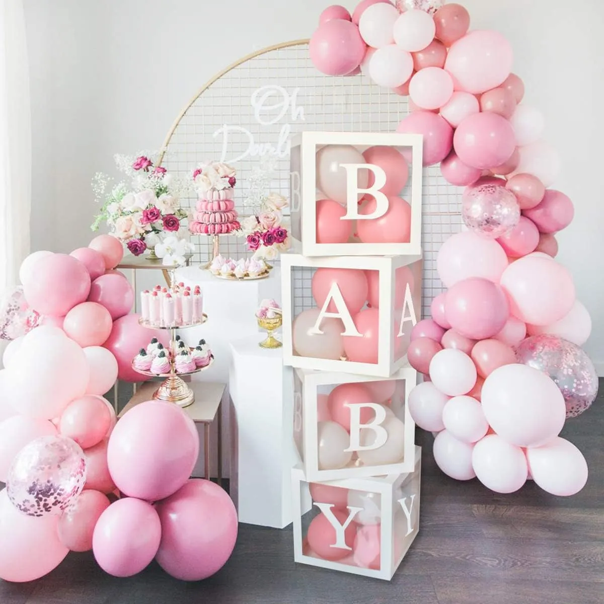 Baby Shower Decoration Balloon Boxes – 4Pcs DIY White Transparent Boxes with 30 Letters BABY   A-Z for Boys Girls Baby Shower,Diy Name Combination,Gender Reveal Backdrop Birthday Party Supplies