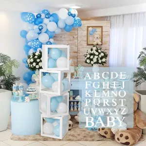 Baby Shower Decoration Balloon Boxes – 4Pcs DIY White Transparent Boxes with 30 Letters BABY   A-Z for Boys Girls Baby Shower,Diy Name Combination,Gender Reveal Backdrop Birthday Party Supplies