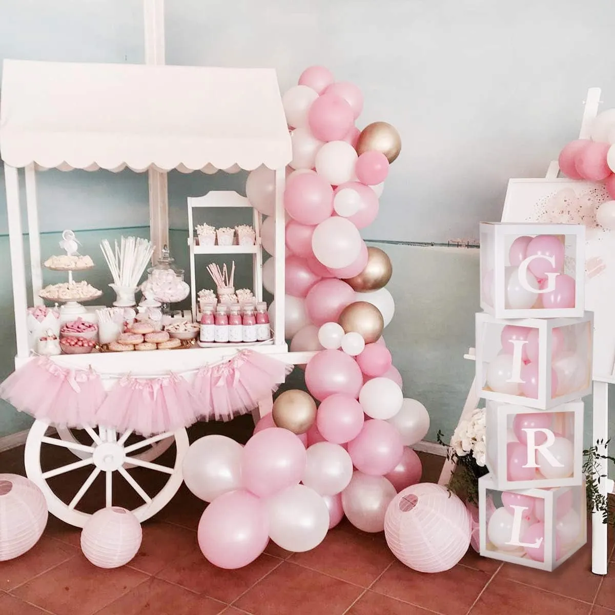Baby Shower Decoration Balloon Boxes – 4Pcs DIY White Transparent Boxes with 30 Letters BABY   A-Z for Boys Girls Baby Shower,Diy Name Combination,Gender Reveal Backdrop Birthday Party Supplies