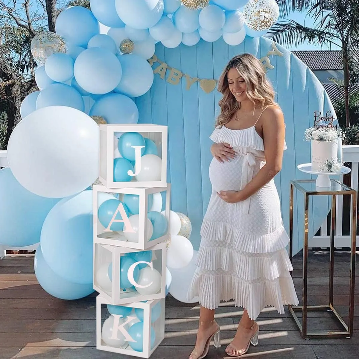 Baby Shower Decoration Balloon Boxes – 4Pcs DIY White Transparent Boxes with 30 Letters BABY   A-Z for Boys Girls Baby Shower,Diy Name Combination,Gender Reveal Backdrop Birthday Party Supplies