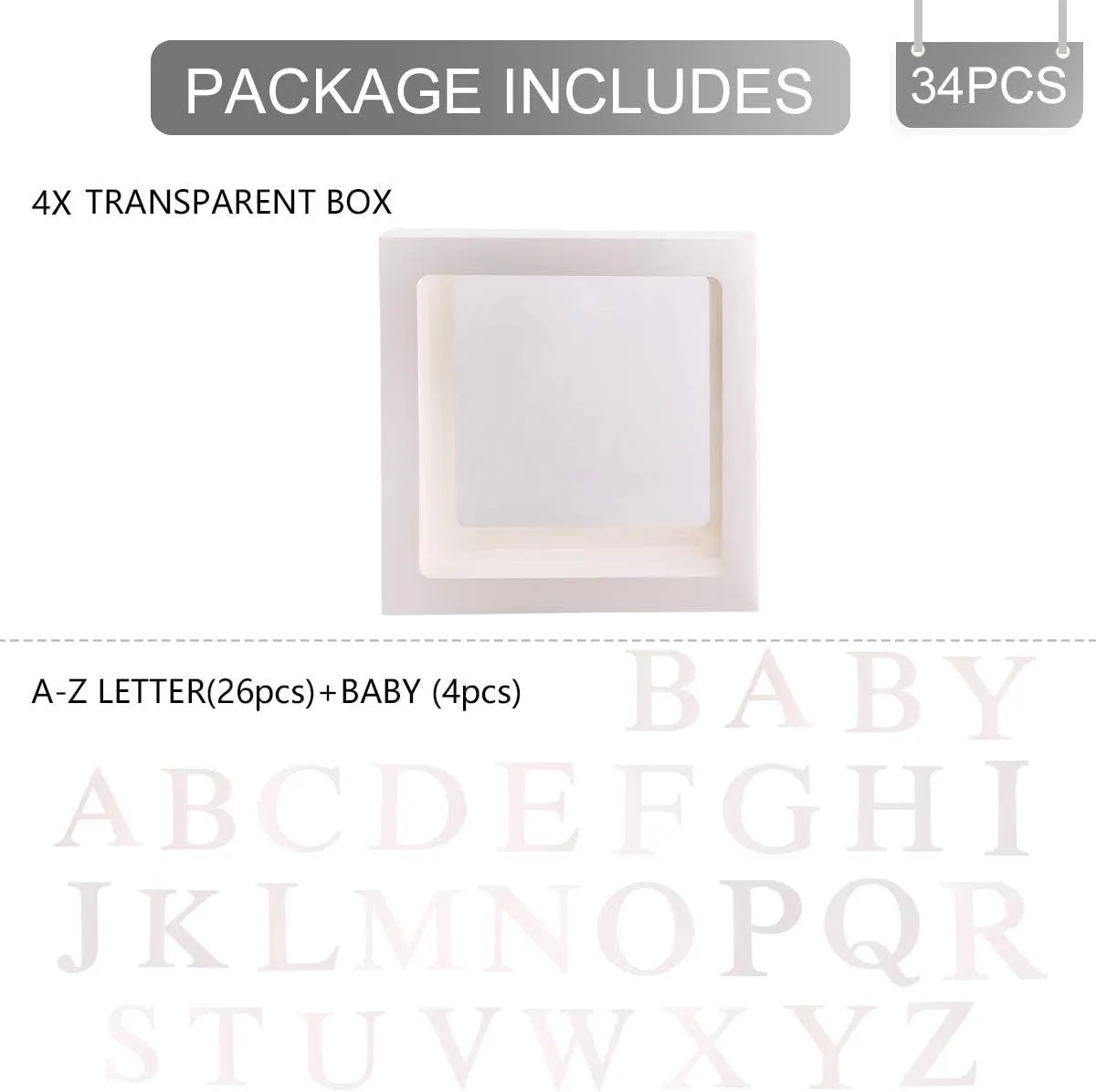 Baby Shower Decoration Balloon Boxes – 4Pcs DIY White Transparent Boxes with 30 Letters BABY   A-Z for Boys Girls Baby Shower,Diy Name Combination,Gender Reveal Backdrop Birthday Party Supplies