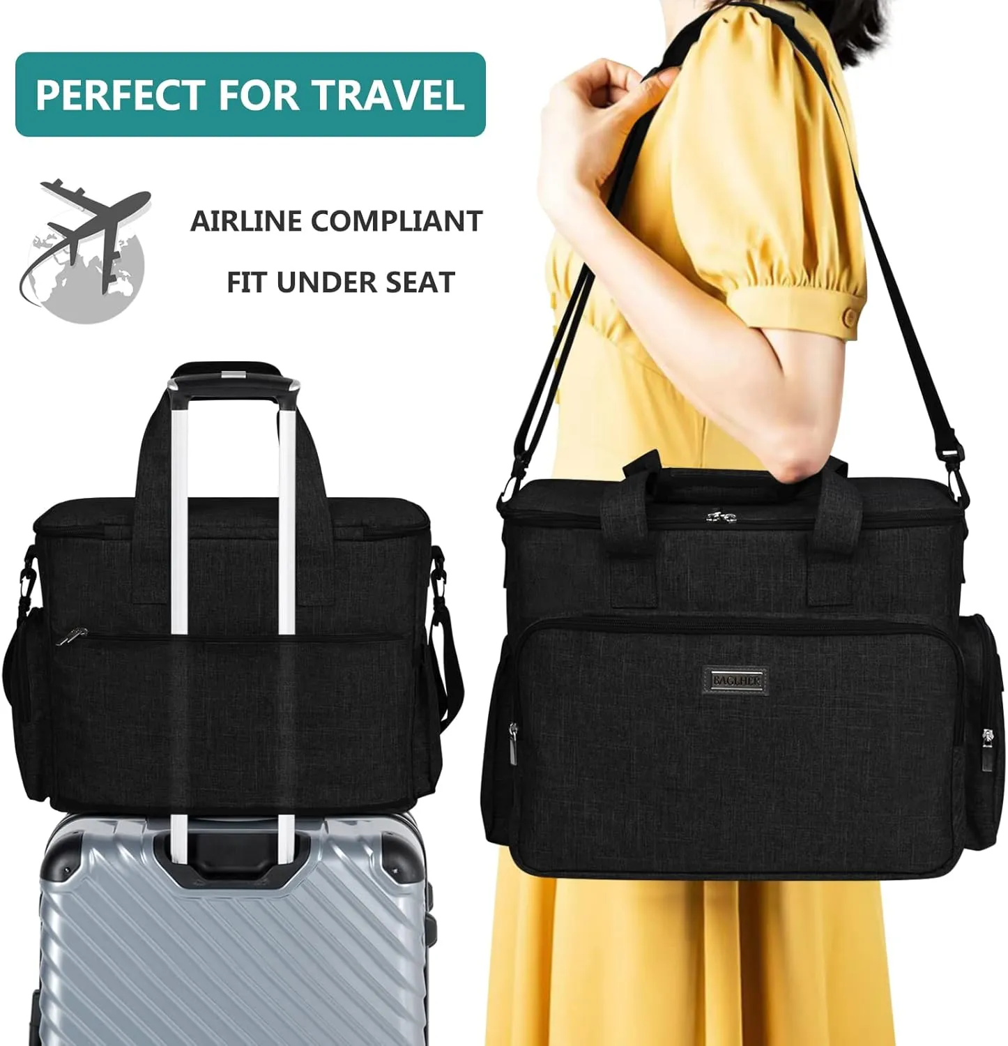 BAGLHER Dog Travel Bag, Airline Approved Pet Tote Organizer with Multi-Function Pockets, 2 X Food Storage Containers and 2 X Collapsible Dog Bowls, Perfect Weekend Pet Travel Set for Dog, Cat Black