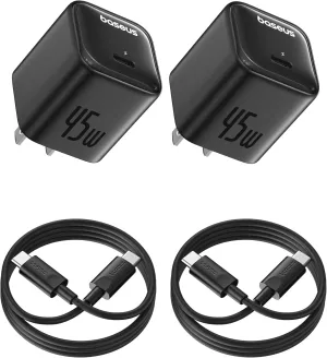 Baseus 45W USB C Charger Block, 2 Pack PPS Fast Charger Type C with USB-C Cable for iPhone 16/15 Series, iPad, Galaxy S24 Ultra and More Series