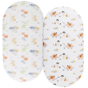Bassinet Sheets Compatible with Maxi-COSI Iora/Swift Lightweight Portable Bassinet, Angelbliss Bassient, 2 Pack, 100% Jersey Knit Cotton 190GSM, Ultra Soft Breathable, Fox Deer and Elephant