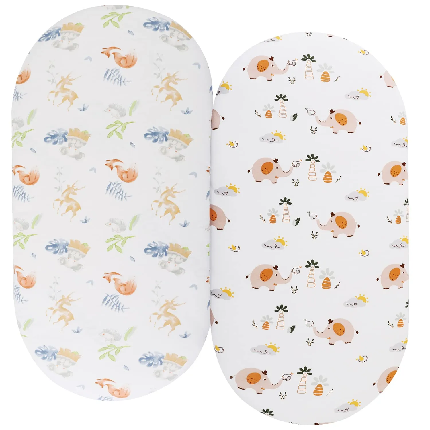 Bassinet Sheets Compatible with Maxi-COSI Iora/Swift Lightweight Portable Bassinet, Angelbliss Bassient, 2 Pack, 100% Jersey Knit Cotton 190GSM, Ultra Soft Breathable, Fox Deer and Elephant