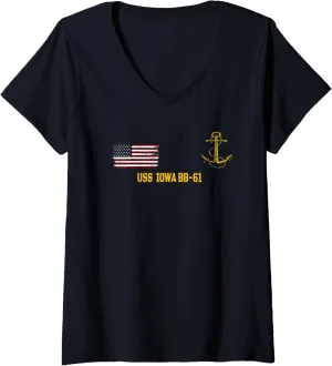 Battleship USS Iowa Warship BB-61 Veterans Day Front&Back V-Neck T-Shirt