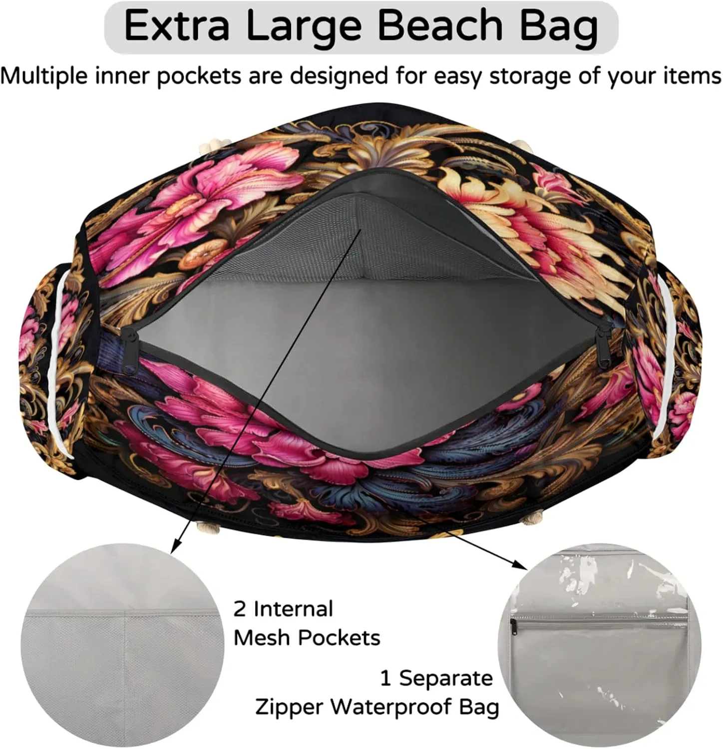 Beach Bags for Women Large Beach Tote Bag, Waterproof Sandproof Swim Pool Bag with Zipper