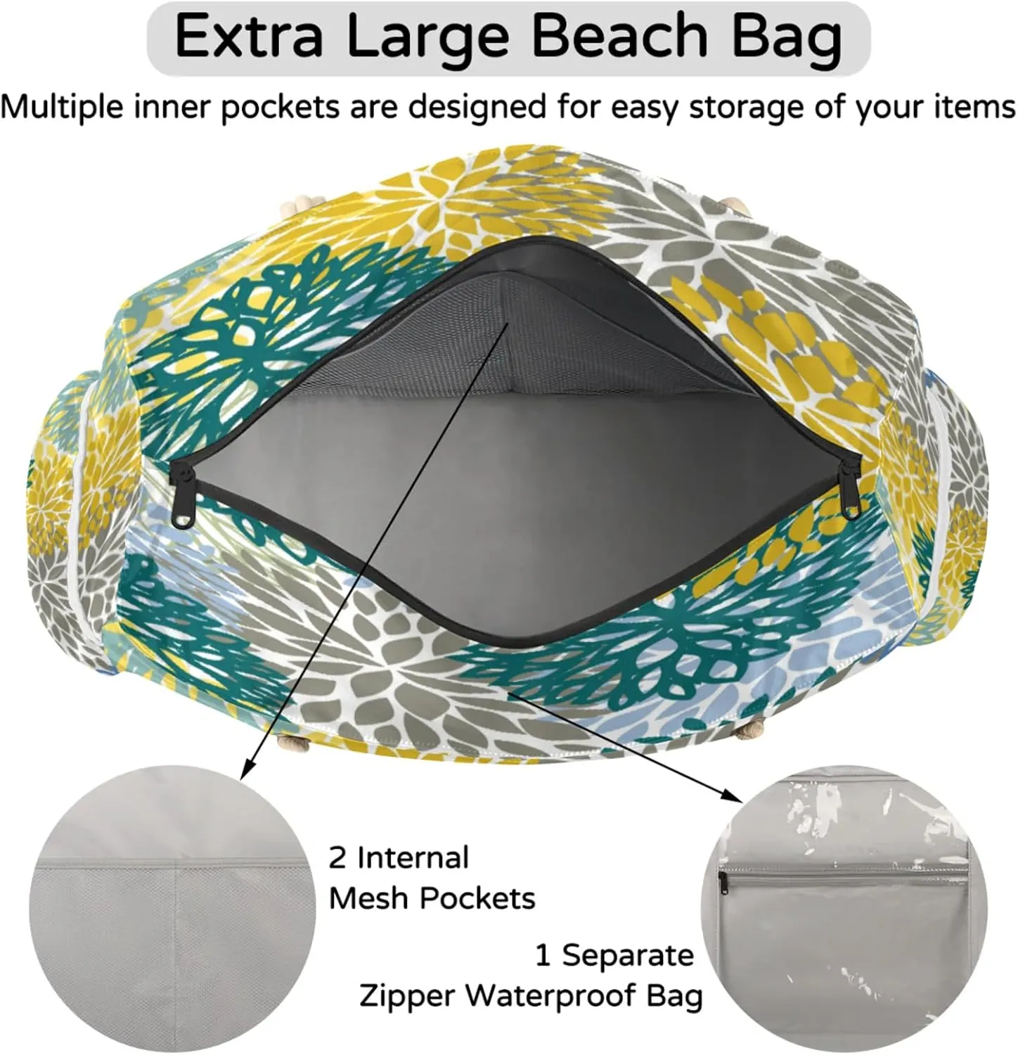 Beach Bags for Women Large Beach Tote Bag, Waterproof Sandproof Swim Pool Bag with Zipper