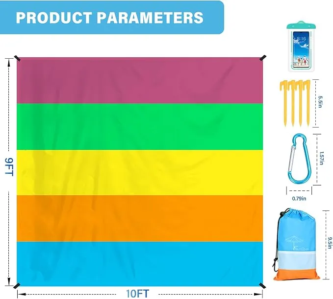 Beach Blanket Oversized Extra Large 10'X 9',Waterproof Sandproof Beach Blanket 2-8 Adults Lightweight Durable for Travel Camping Hiking Picnic