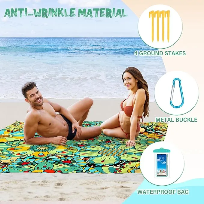 Beach Blanket Waterproof Sandproof 1-7 Adult Oversized 78 '' × 81 '' Lightweight Durable Compact Sand Free Beach Mat for Travel Camping Hiking Picnic Blanket Extra Large