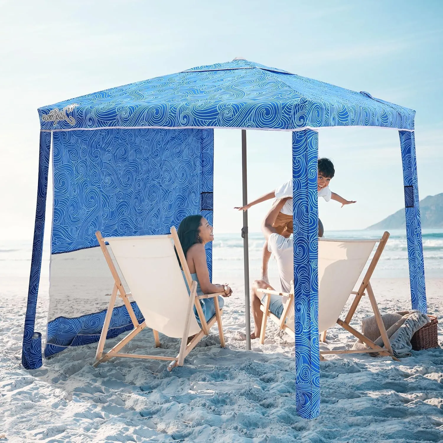 Beach Cabana, 6.2'×6.2' Beach Canopy with Side Wall, UPF 50  UV Protection Easy Setup Tent Sun Shelter with Sand Pockets for Whole Family(Surging Waves)