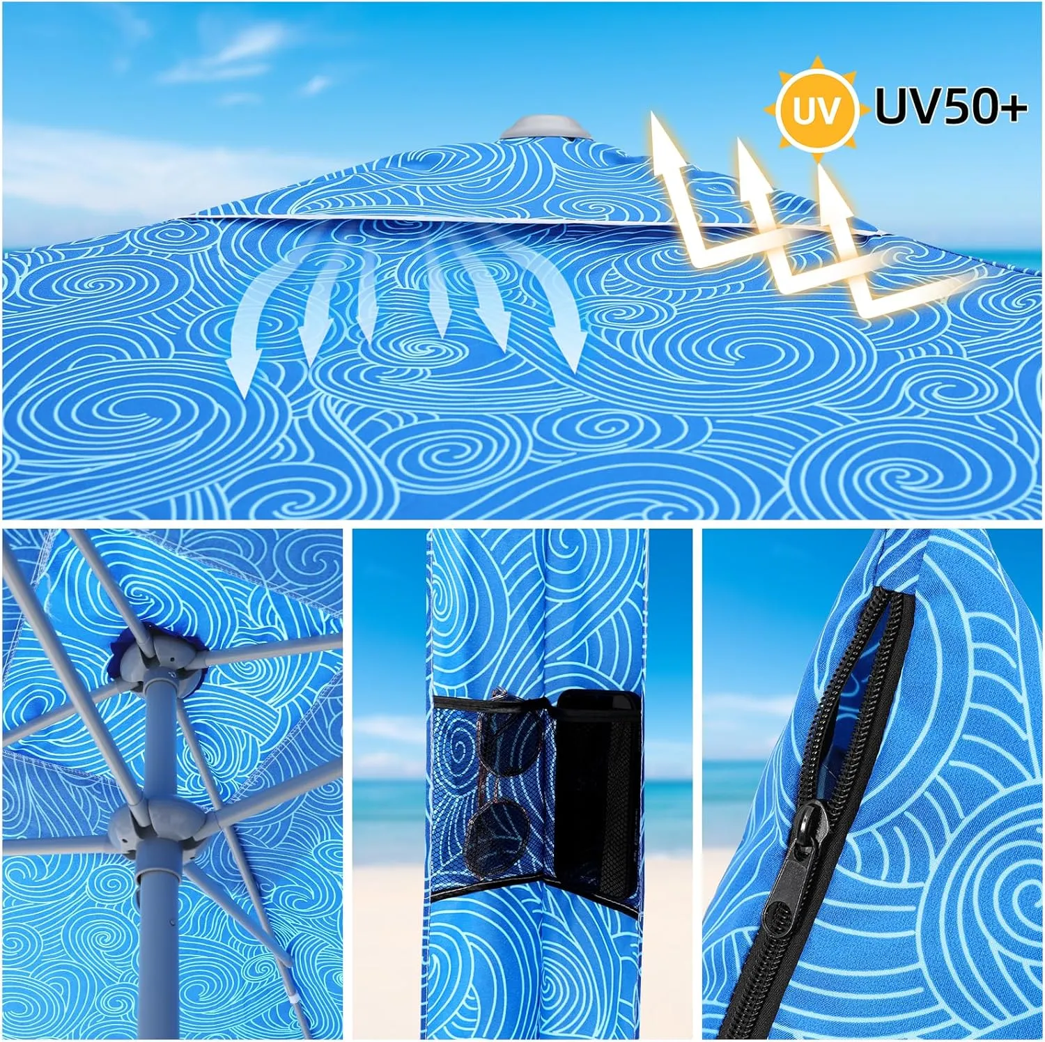 Beach Cabana, 6.2'×6.2' Beach Canopy with Side Wall, UPF 50  UV Protection Easy Setup Tent Sun Shelter with Sand Pockets for Whole Family(Surging Waves)