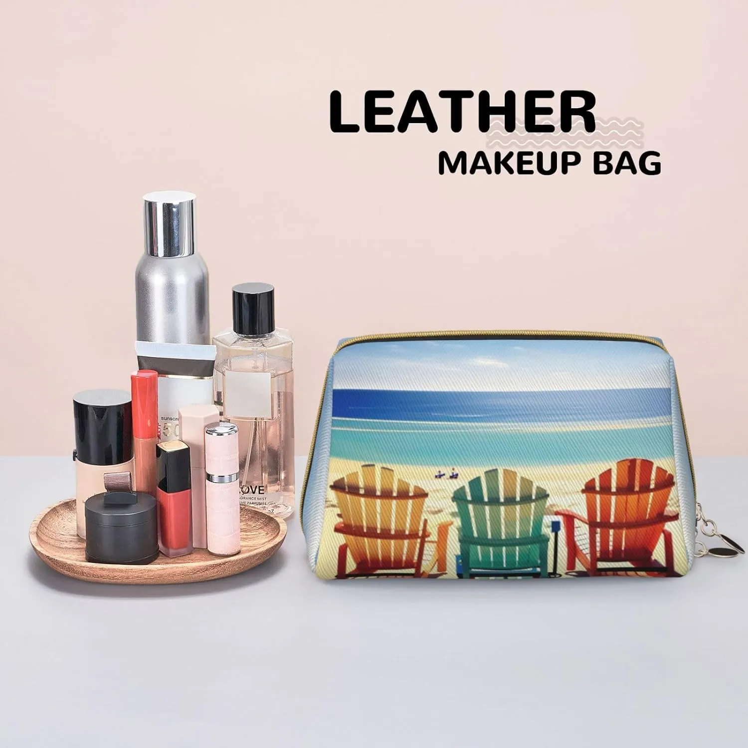 Beach Scene With Chairs Leather Toiletry Travel Bag, Compact Makeup Organizer For Women