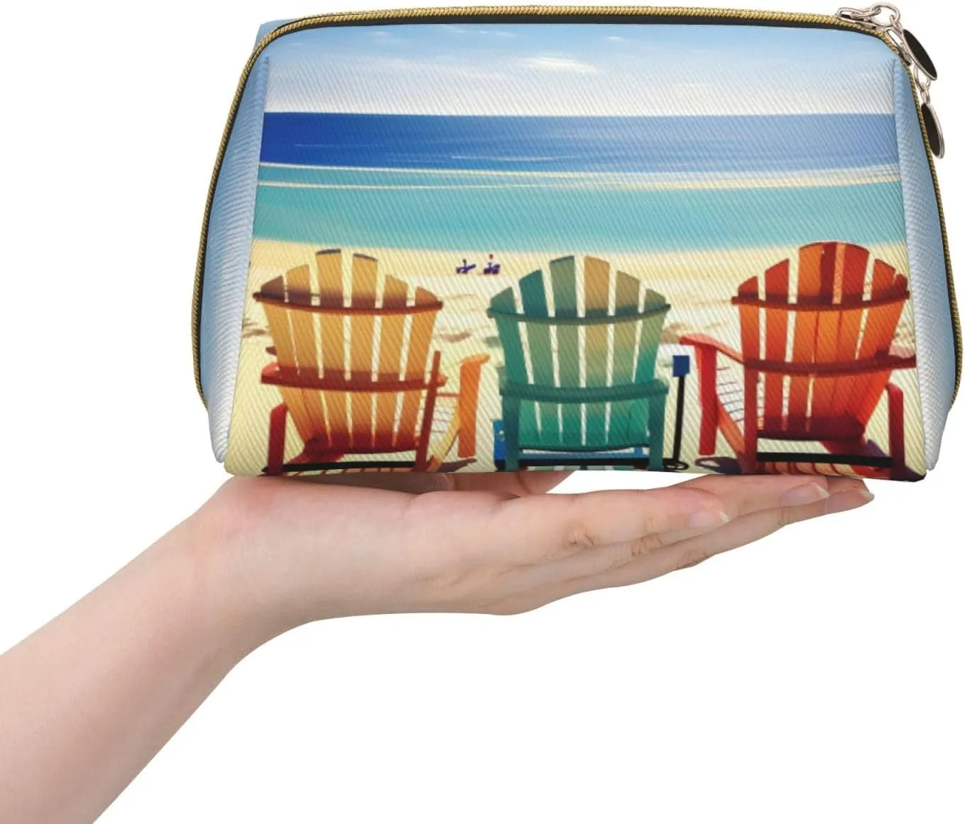 Beach Scene With Chairs Leather Toiletry Travel Bag, Compact Makeup Organizer For Women