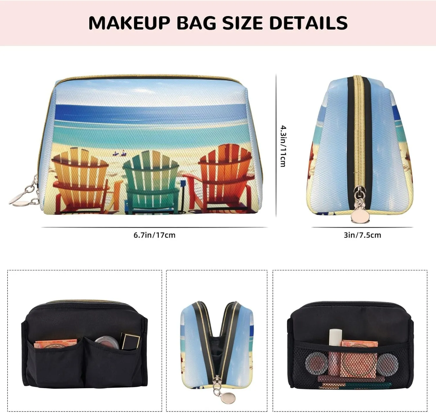Beach Scene With Chairs Leather Toiletry Travel Bag, Compact Makeup Organizer For Women