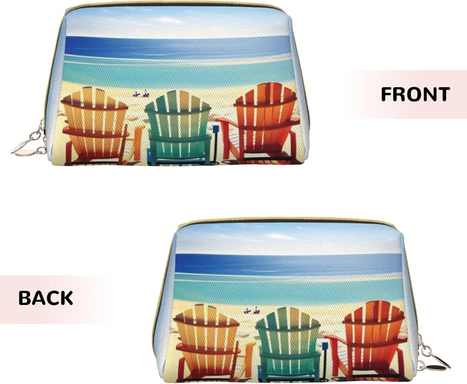 Beach Scene With Chairs Leather Toiletry Travel Bag, Compact Makeup Organizer For Women