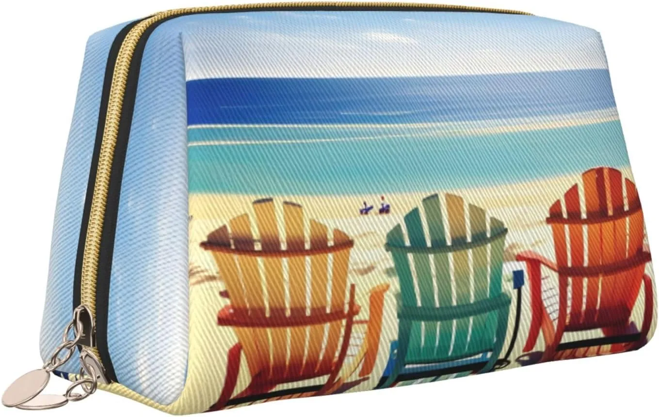Beach Scene With Chairs Leather Toiletry Travel Bag, Compact Makeup Organizer For Women