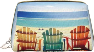 Beach Scene With Chairs Leather Toiletry Travel Bag, Compact Makeup Organizer For Women