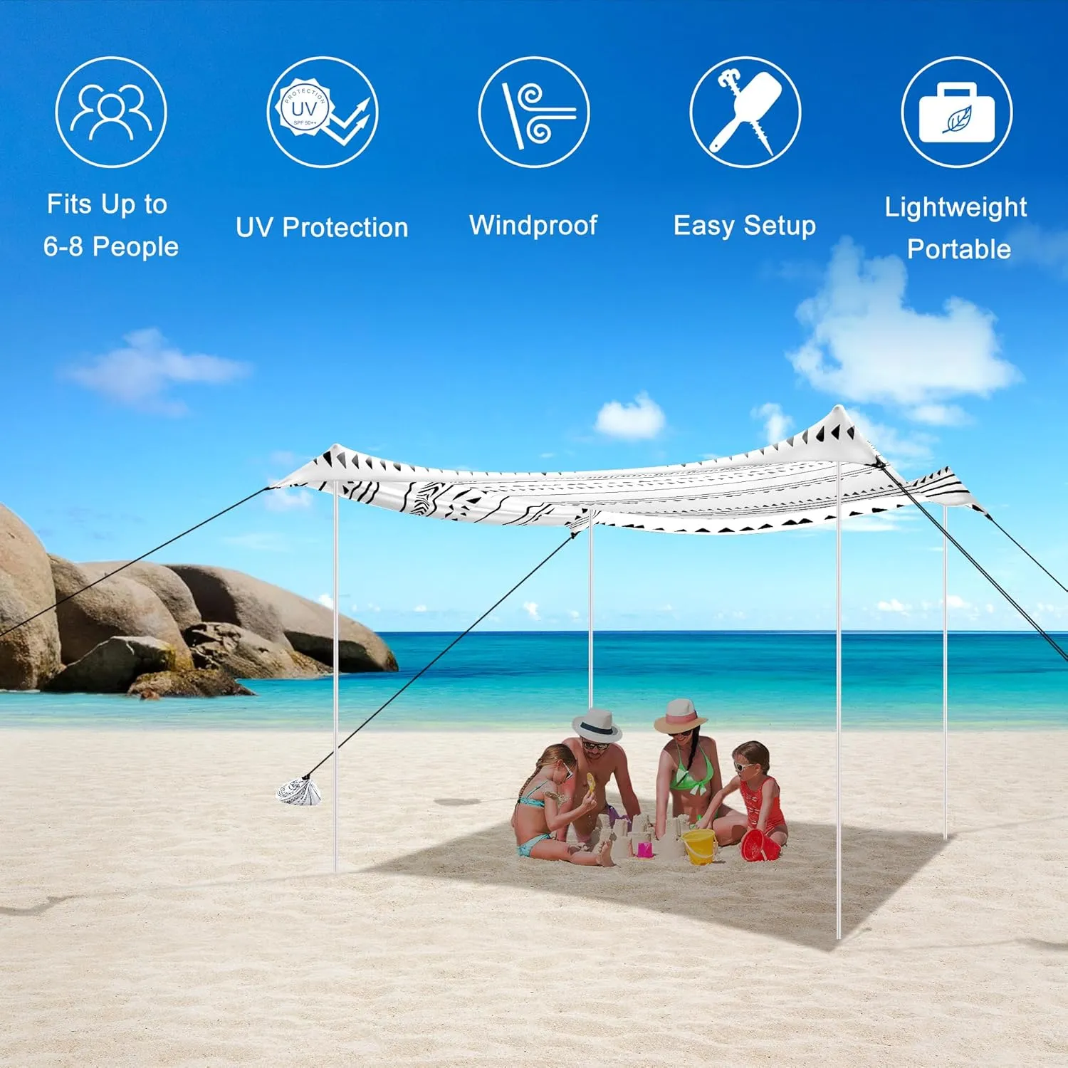 Beach Tent, Beach Canopy Sun Shade UPF 50 , Portable 10×10 FT Camping Sun Shelter with Sandbags, Poles, Ground Pegs and Anti-Wind Ropes Easy Setup for Outdoor, Backyard, Picnics, Fishing
