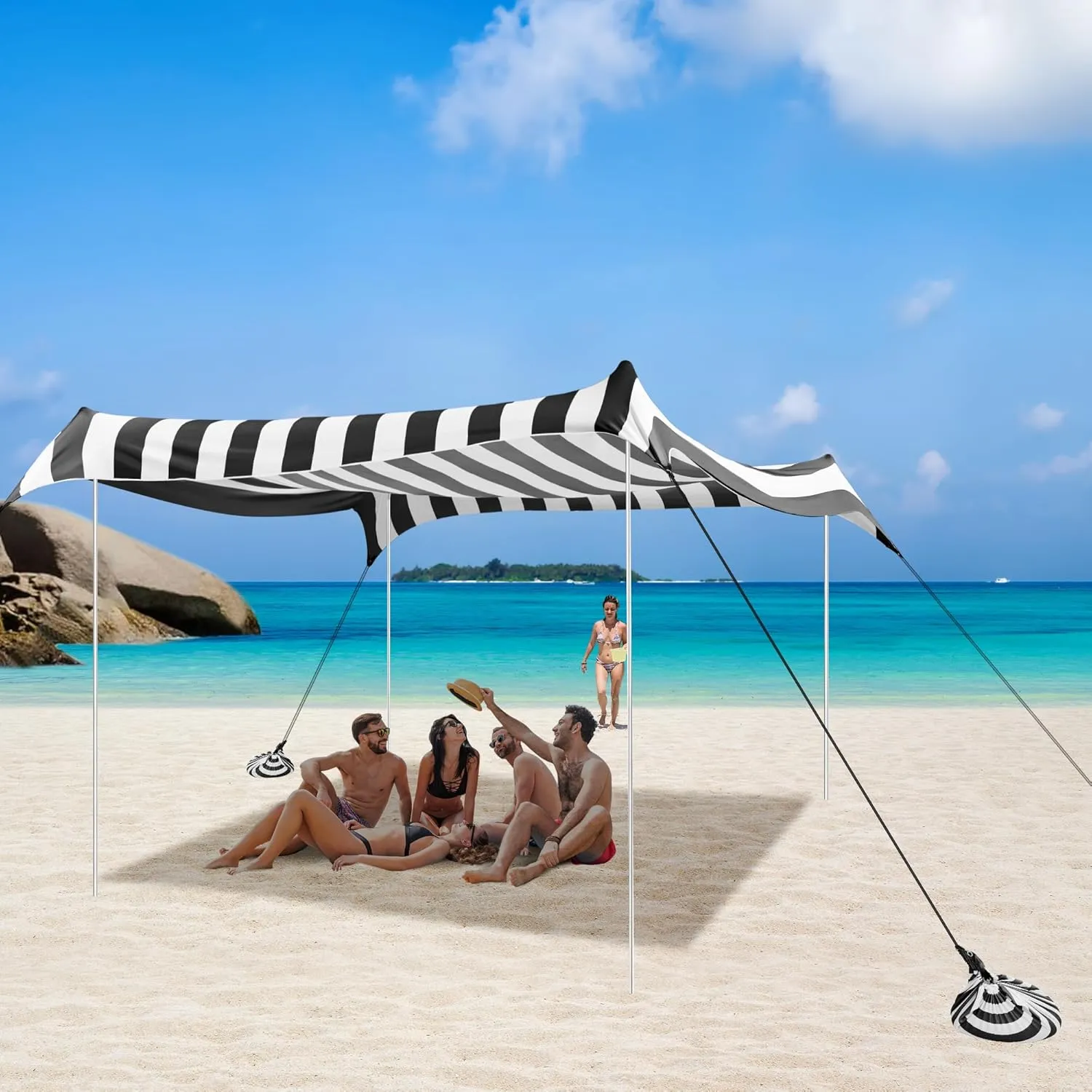 Beach Tent, Beach Canopy Sun Shade UPF 50 , Portable 10×10 FT Camping Sun Shelter with Sandbags, Poles, Ground Pegs and Anti-Wind Ropes for Outdoor, Backyard, Picnics, Fishing-Black Stripe