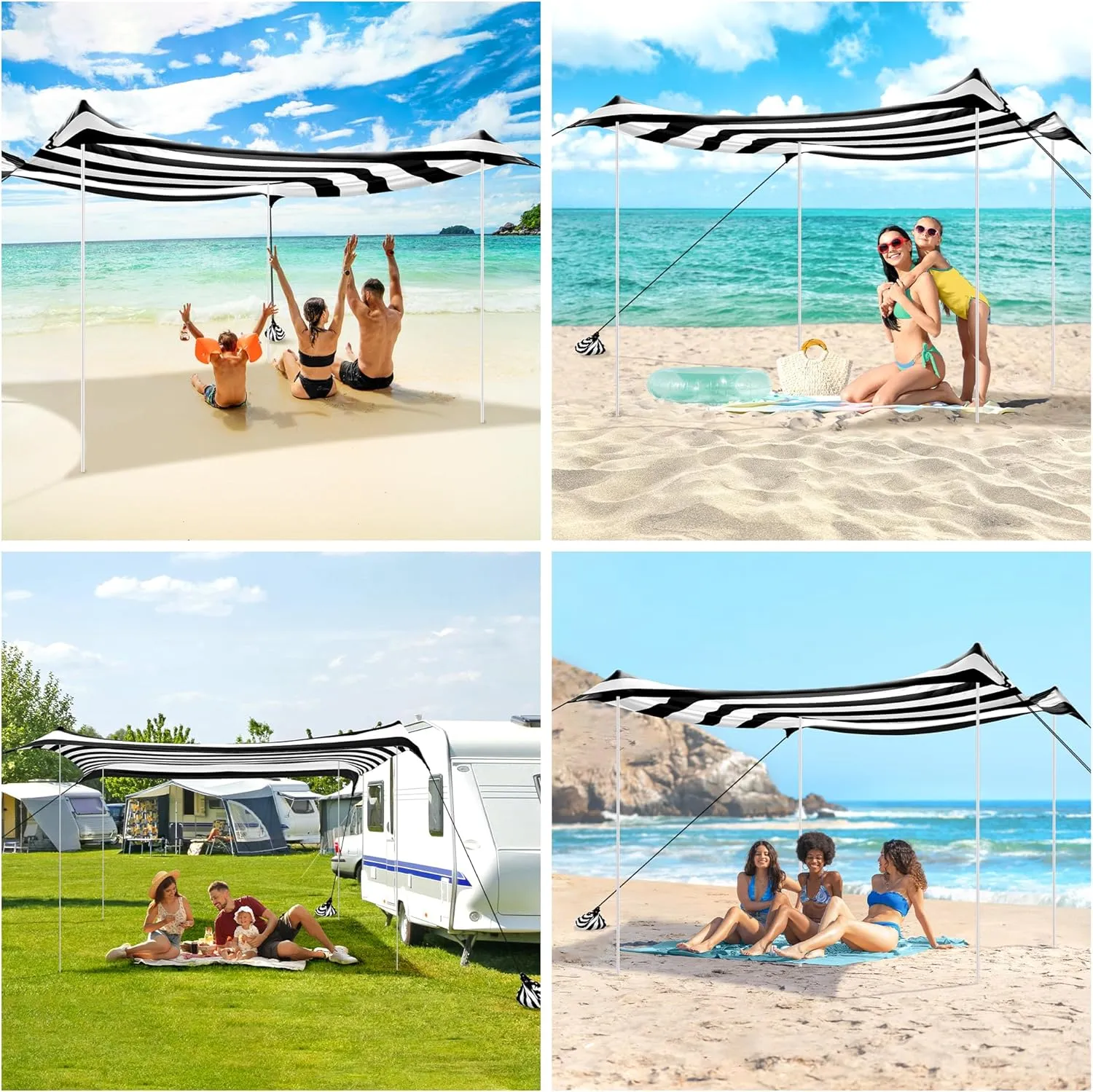 Beach Tent, Beach Canopy Sun Shade UPF 50 , Portable 10×10 FT Camping Sun Shelter with Sandbags, Poles, Ground Pegs and Anti-Wind Ropes for Outdoor, Backyard, Picnics, Fishing-Black Stripe