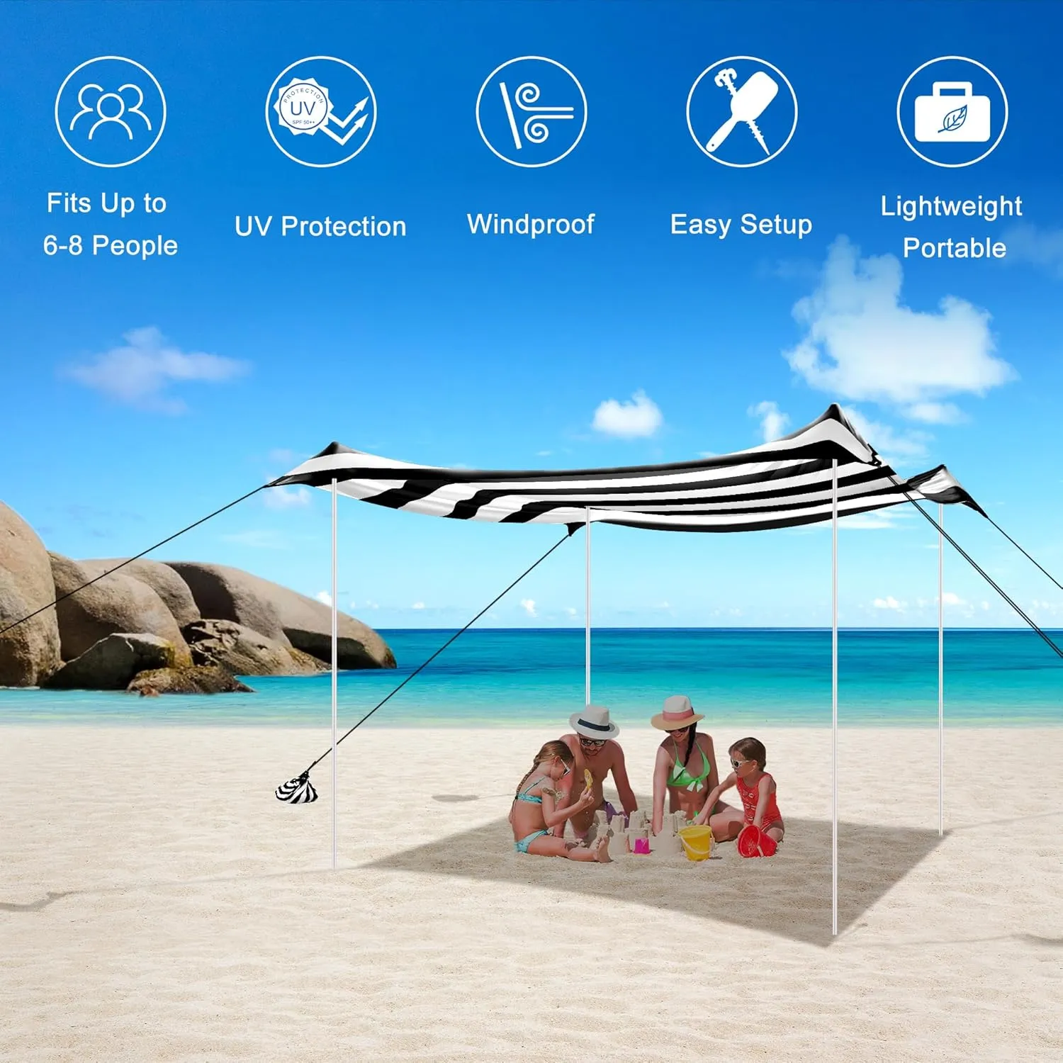 Beach Tent, Beach Canopy Sun Shade UPF 50 , Portable 10×10 FT Camping Sun Shelter with Sandbags, Poles, Ground Pegs and Anti-Wind Ropes for Outdoor, Backyard, Picnics, Fishing-Black Stripe