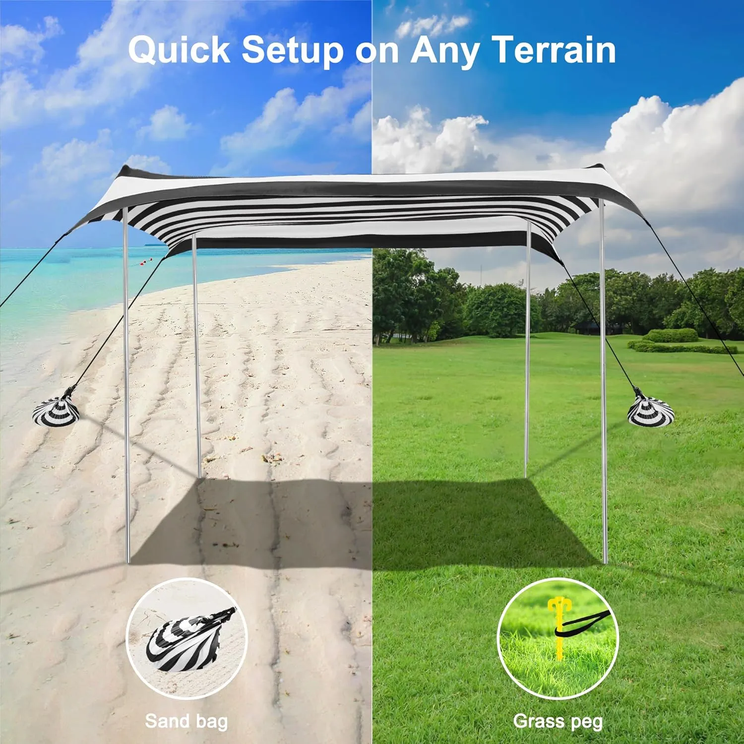 Beach Tent, Beach Canopy Sun Shade UPF 50 , Portable 10×10 FT Camping Sun Shelter with Sandbags, Poles, Ground Pegs and Anti-Wind Ropes for Outdoor, Backyard, Picnics, Fishing-Black Stripe