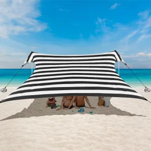 Beach Tent, Beach Canopy Sun Shade UPF 50 , Portable 10×10 FT Camping Sun Shelter with Sandbags, Poles, Ground Pegs and Anti-Wind Ropes for Outdoor, Backyard, Picnics, Fishing-Black Stripe